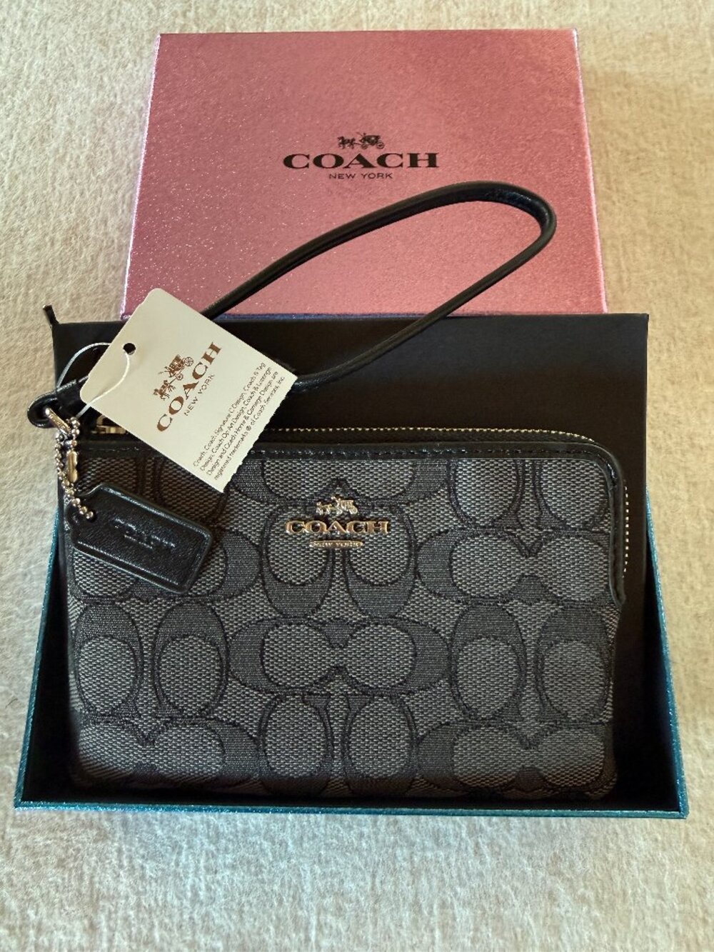 Coach Black Smoke Wristlet with Black Trim and Original Box